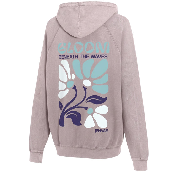JSD Apparel Bloom Hoodie in washed mauve with a large floral wave graphic on the back and relaxed unisex fit.