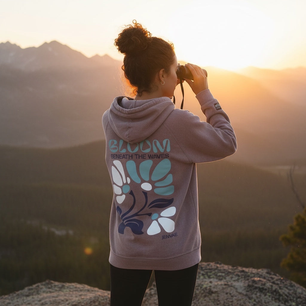 JSD Apparel washed mauve hoodie with floral wave graphic on back, worn by a woman looking through binoculars at sunset.
