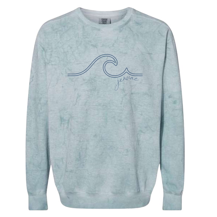 JSD Apparel ocean wash blue crewneck sweatshirt with minimalist wave graphic and Jenvae script logo. Cotton/poly blend.
