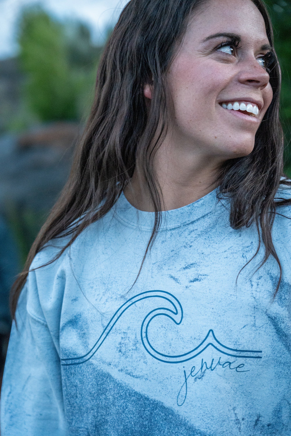 JSD Apparel ocean wash blue crewneck sweatshirt with wave graphic and Jenvae script logo, cotton/poly blend
