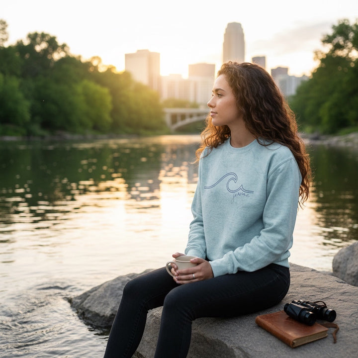 JSD Apparel light blue cotton blend crewneck sweatshirt with a minimalist wave graphic and Jenvae script logo.