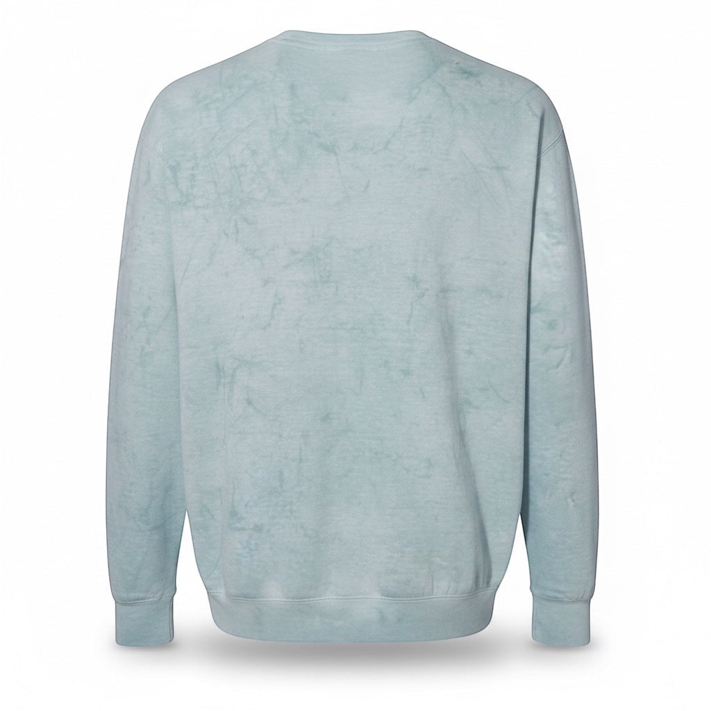 JSD Apparel Ocean Wash Blue crewneck sweatshirt with a vintage wash finish and wave graphic.