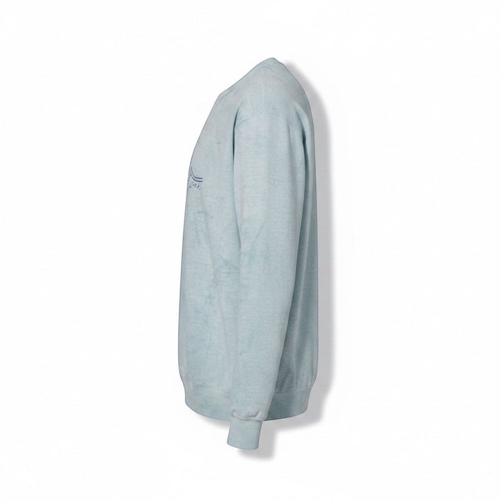 JSD Apparel Ocean Wash Blue crewneck sweatshirt with a minimalist wave graphic and script logo. Cotton/poly blend.