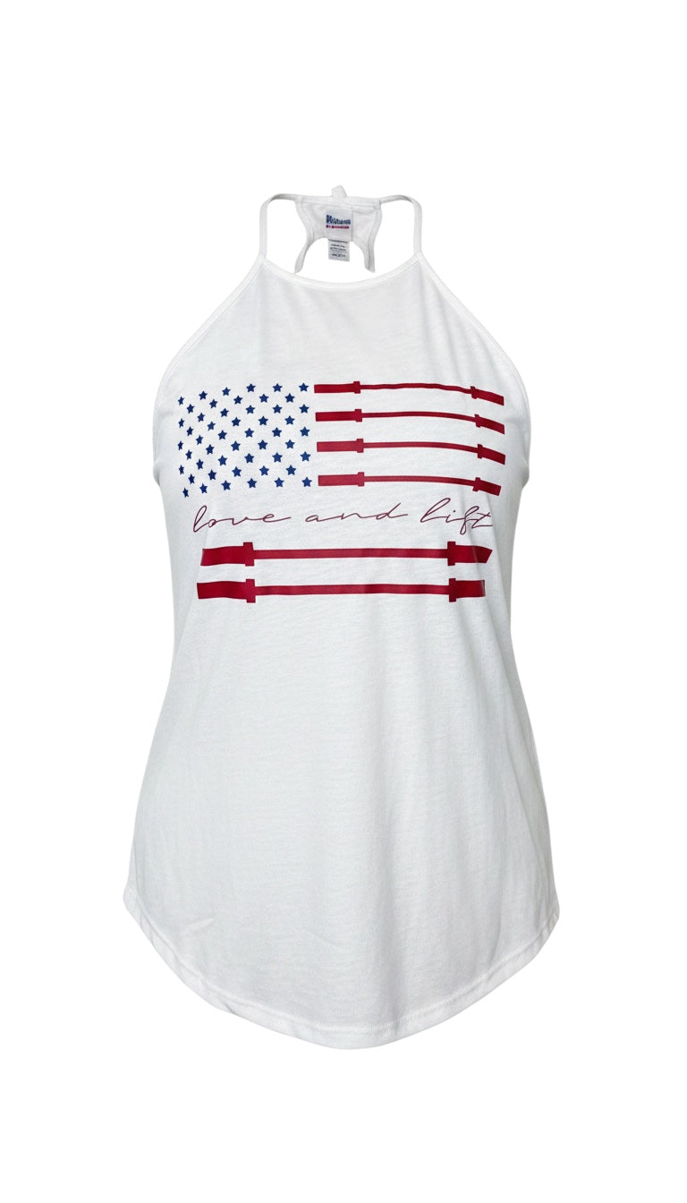 JSD Apparel white high neck tank top featuring a red, white, and blue barbell American flag graphic print.