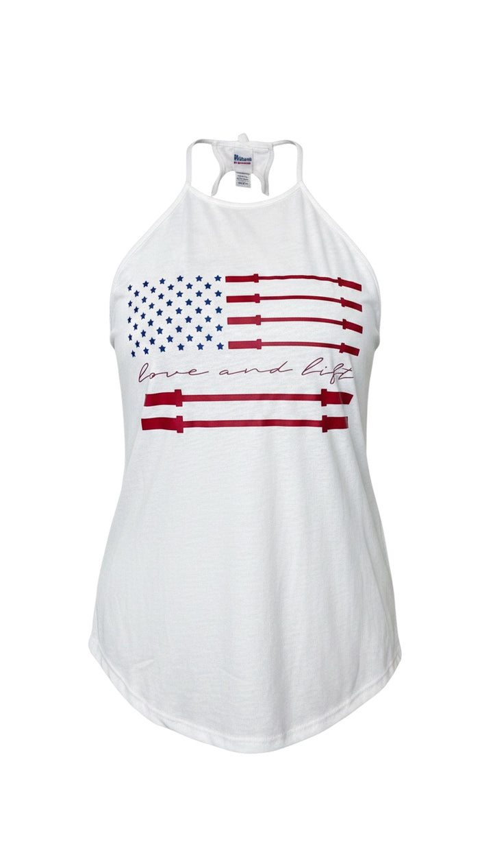 JSD Apparel white high neck tank top featuring a red, white, and blue barbell American flag graphic print.