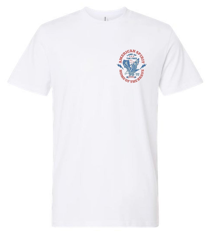 JSD Apparel white cotton t-shirt featuring a vintage-inspired patriotic eagle chest graphic with American text.