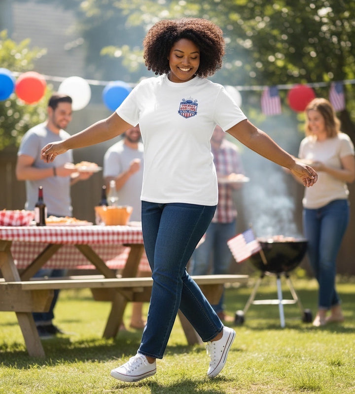 JSD Apparel white crewneck t-shirt with a patriotic grilling graphic on the chest. Made of soft cotton.