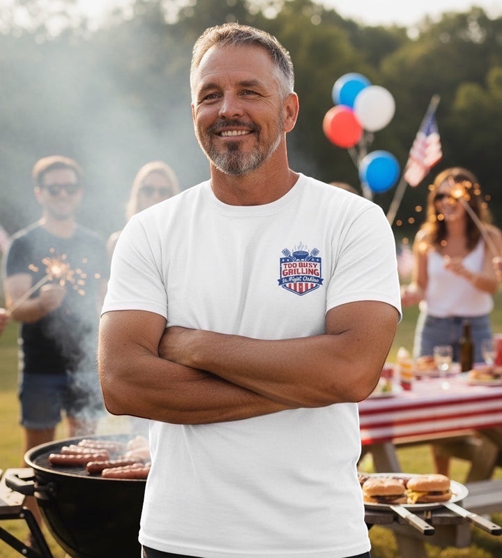 JSD Apparel white cotton t-shirt with a patriotic grilling graphic on the chest. Unisex fit.