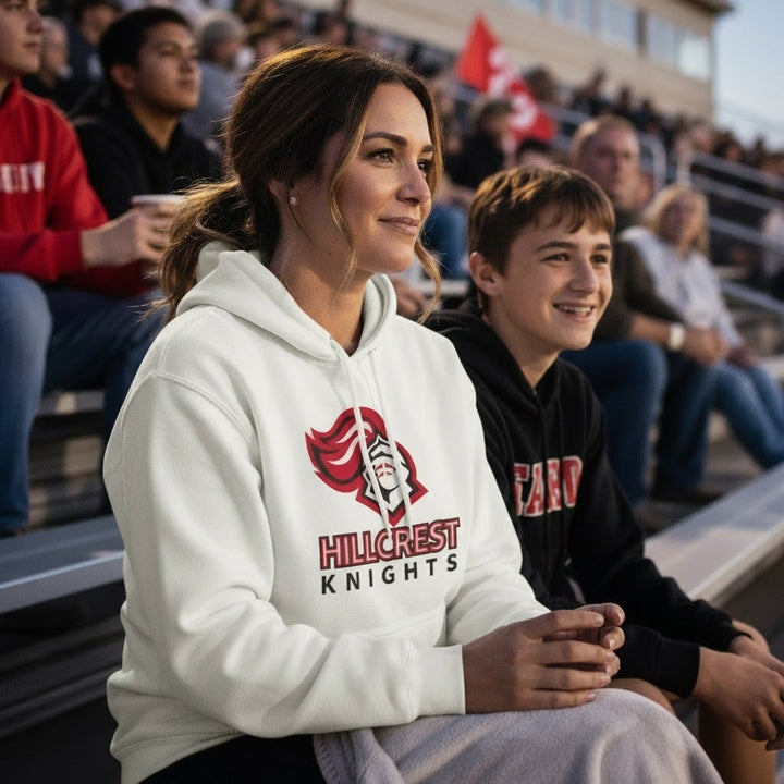JSD Apparel white heavyweight hoodie with Hillcrest Knights logo worn by a woman at a stadium bleacher event