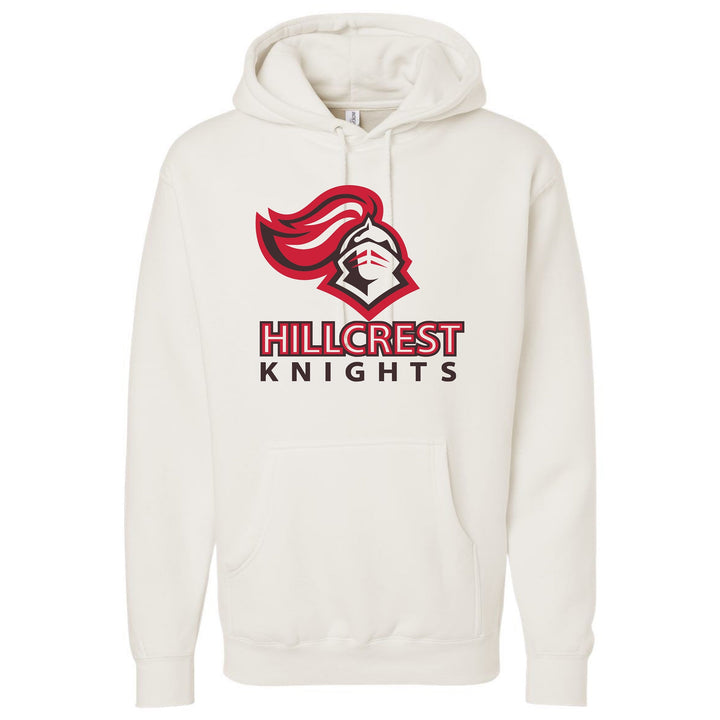JSD Apparel white heavyweight fleece hoodie featuring the red and black Hillcrest Knights logo and kangaroo pocket.
