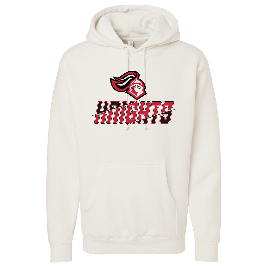 JSD Apparel heavyweight pullover hoodie in white with red and black Hillcrest Knights graphic and kangaroo pocket.