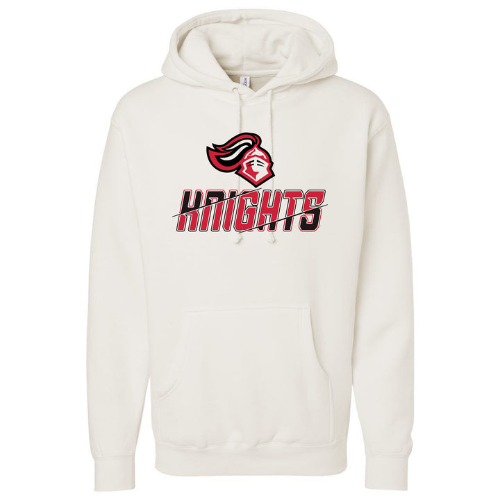 JSD Apparel heavyweight pullover hoodie in white with red and black Hillcrest Knights graphic and kangaroo pocket.