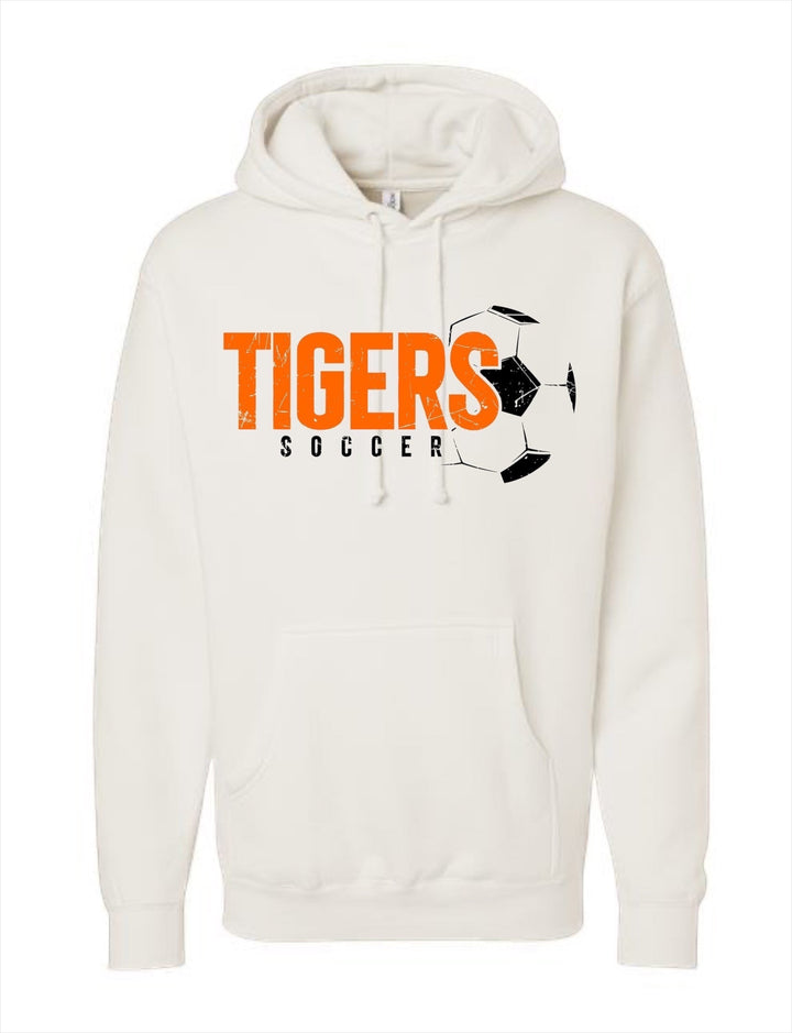 JSD Apparel heavyweight white fleece hoodie featuring a distressed orange TIGERS SOCCER graphic and soccer ball.