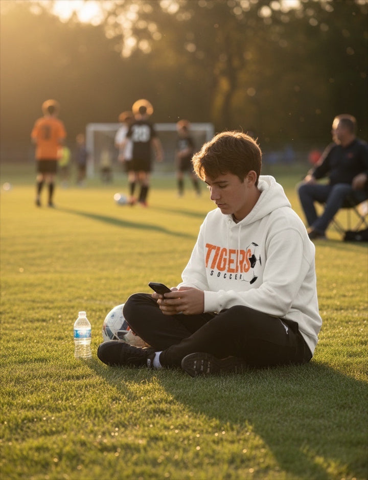 JSD Apparel white heavyweight soccer hoodie with orange Tigers graphic, worn by a teen sitting on a soccer field.