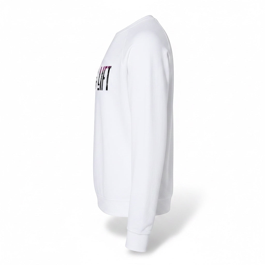 JSD Apparel white lightweight terry crewneck sweatshirt with Love & Lift graphic print, side view.