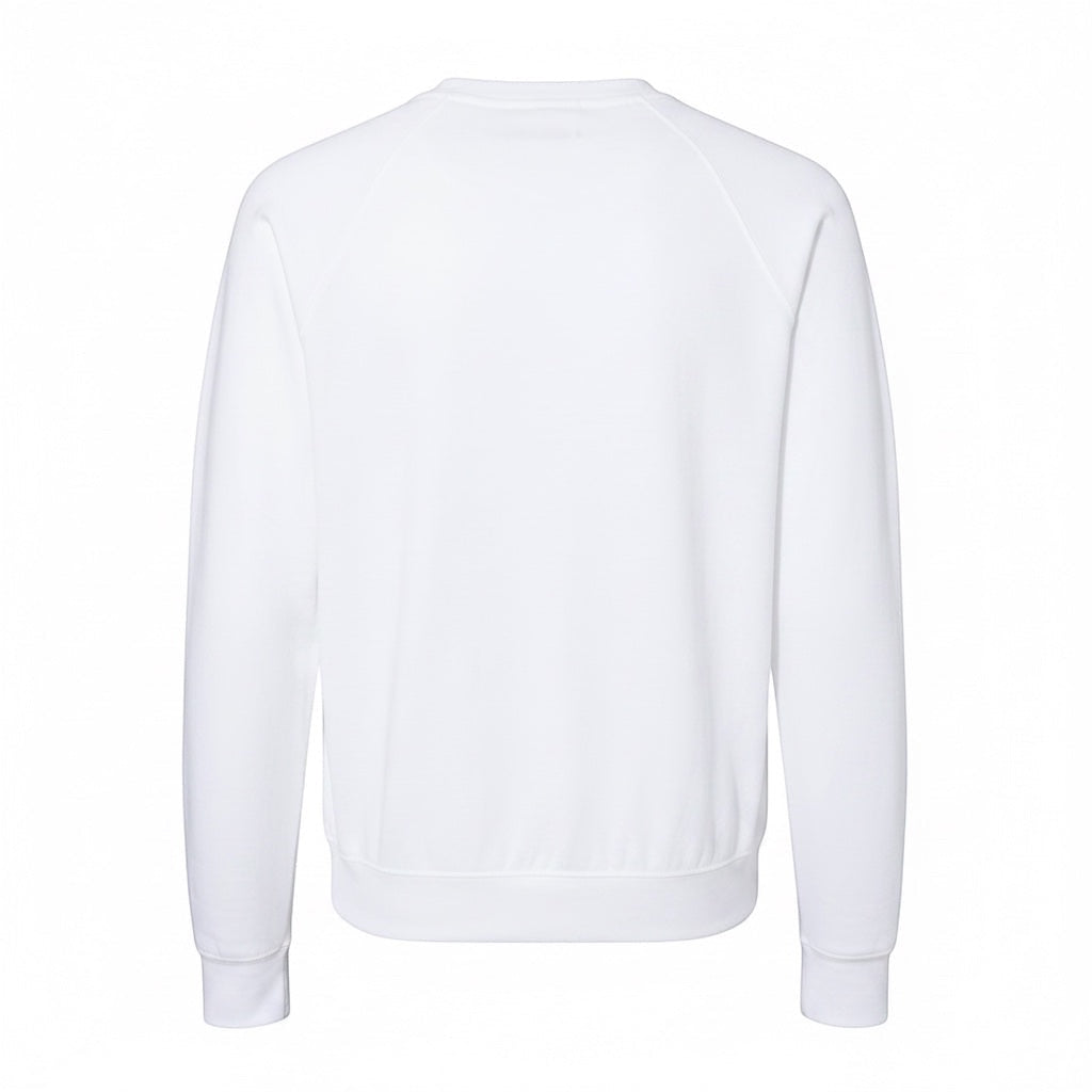 Back view of JSD Apparel white lightweight terry crewneck sweatshirt with ribbed cuffs and waistband.
