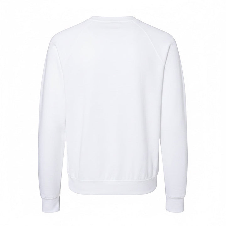 Back view of JSD Apparel white lightweight terry crewneck sweatshirt with ribbed cuffs and waistband.