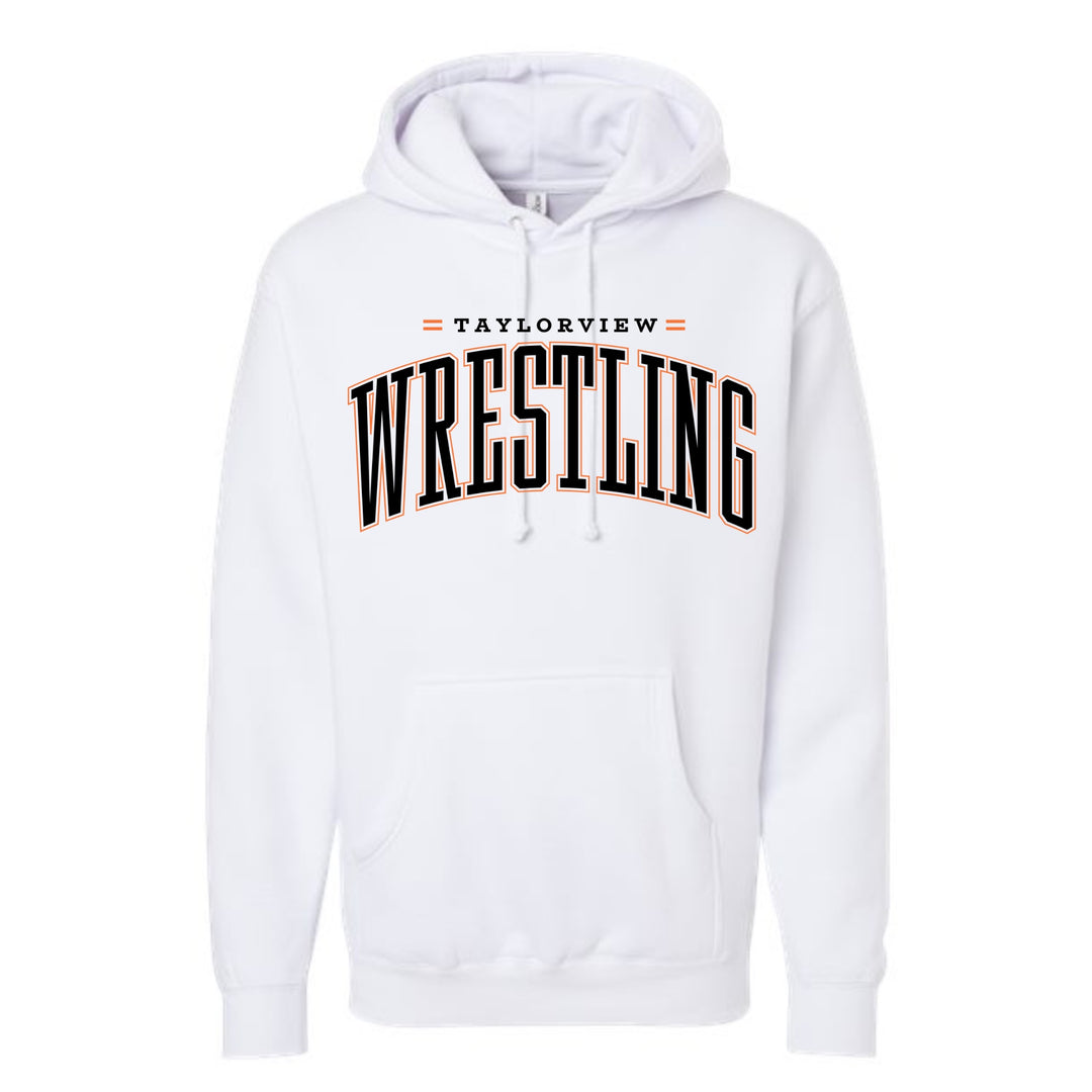 JSD Apparel white pullover hoodie featuring Taylorview Wrestling graphic text on the chest with kangaroo pocket