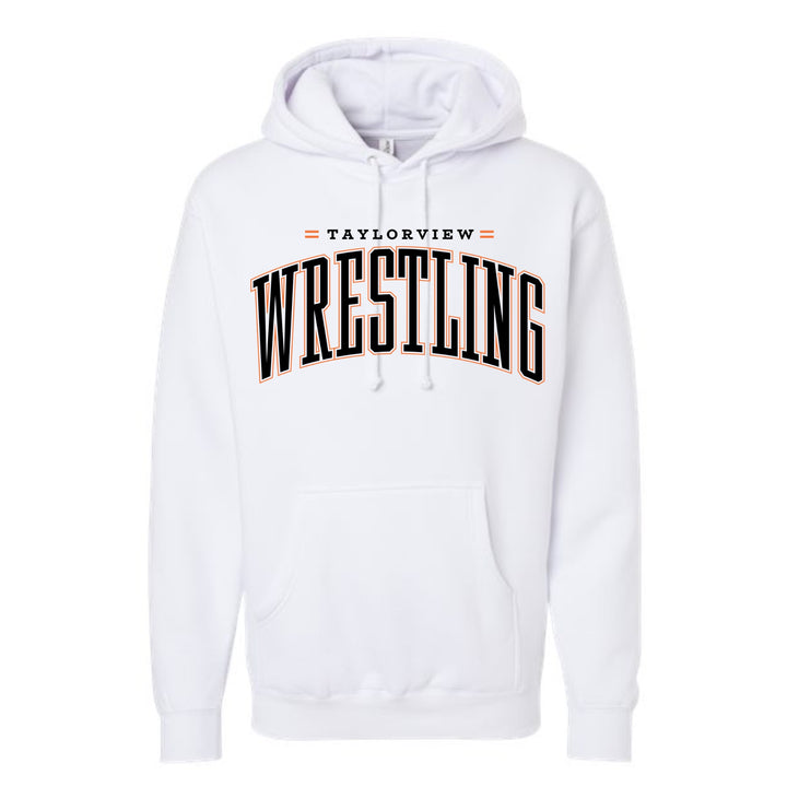 JSD Apparel white pullover hoodie featuring Taylorview Wrestling graphic text on the chest with kangaroo pocket