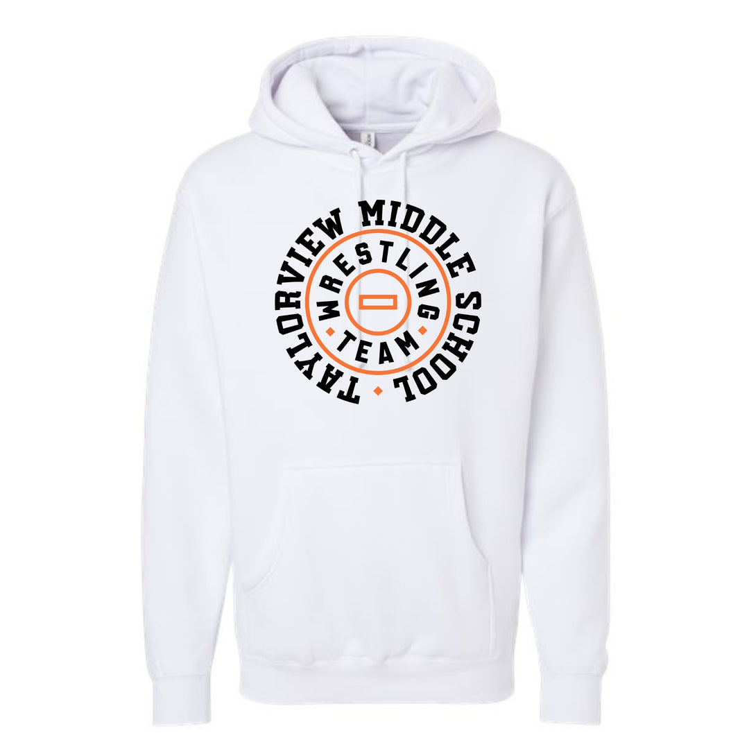 JSD Apparel white pullover hoodie featuring a black and orange Taylorview Wrestling circular graphic on the chest.