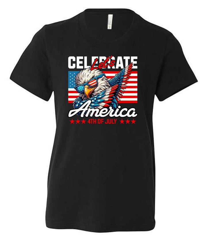 JSD Apparel black youth tee featuring a patriotic eagle wearing flag-patterned sunglasses for 4th of July celebrations.