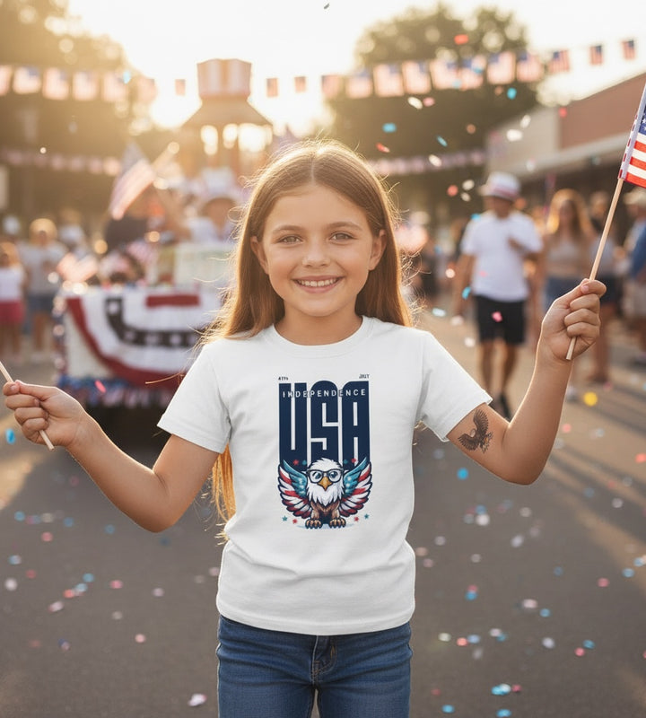 A smiling girl wears a JSD Apparel white youth tee with a patriotic eagle graphic at a 4th of July parade.
